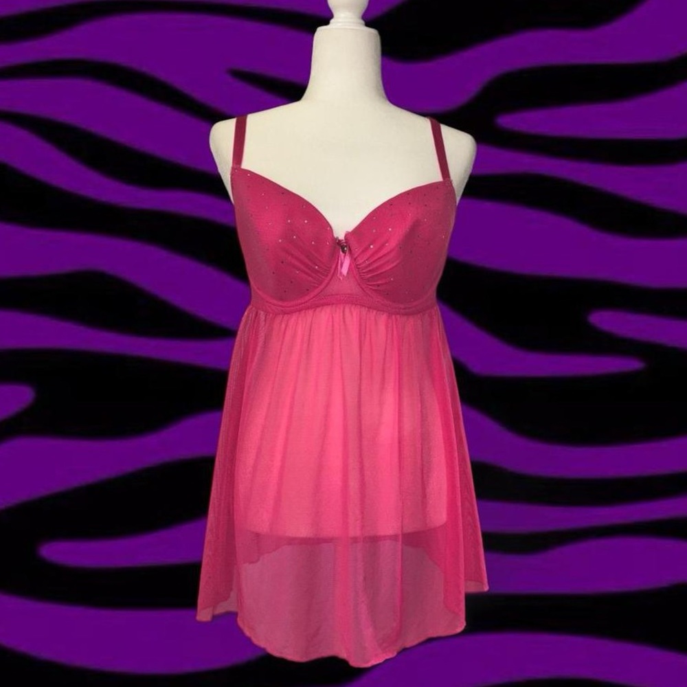 Y2k Pink Lingerie Bustier Slip Dress with Rhinestones and Bow ~ Size XL
